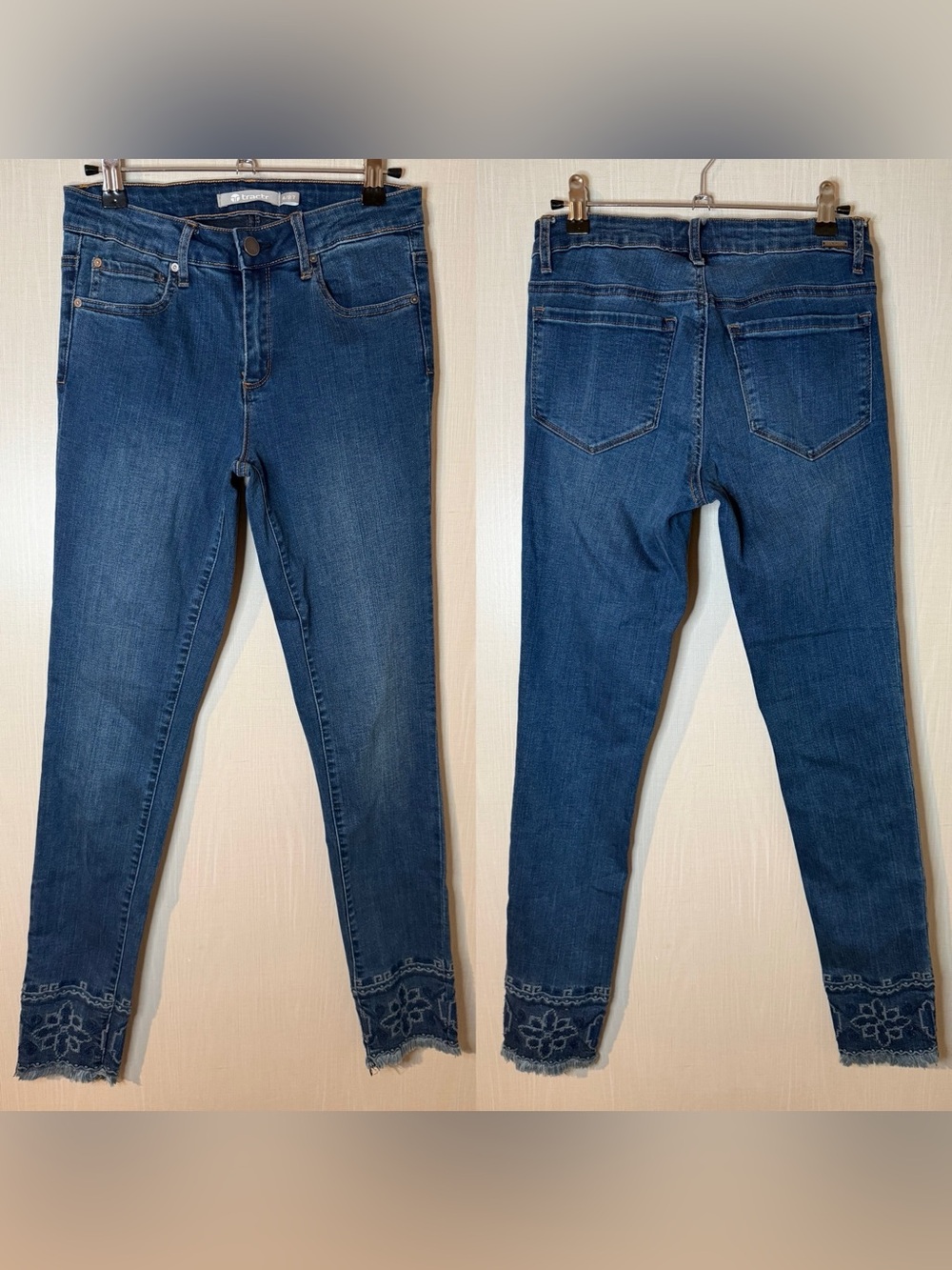Tractr High Rise Dark Blue Embroidered Hem Skinny Jeans 4/27